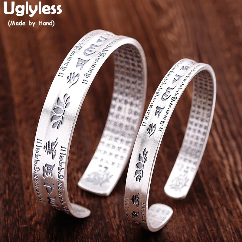 

Uglyless 990 Silver Lovers Wide Open Bangles Men Women Couples Buddhistic Bangle Six-word Mantra Thai Silver Lotus Jewelry BA604