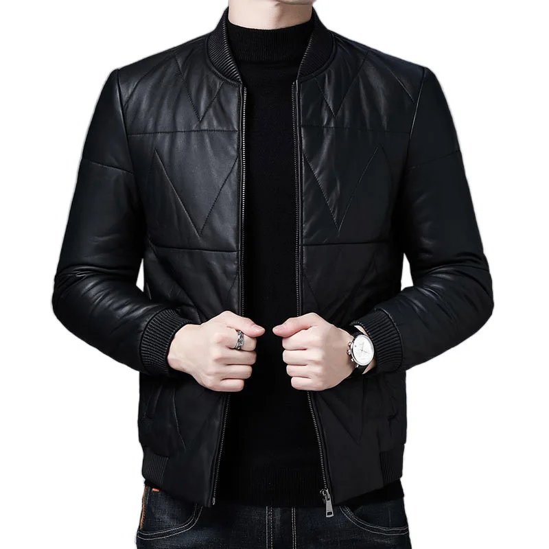 

Men's Leather 100% Sheepskin winter down jacket standing collar short jacket middle aged warm leather jacket