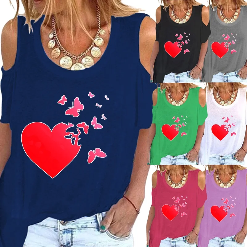 

Summer Women's Fashion Hearts Printed Off Shoulder T-shirt Casual Loose Round Neck Short Sleeve Shirt Blouse Tops Plus Size