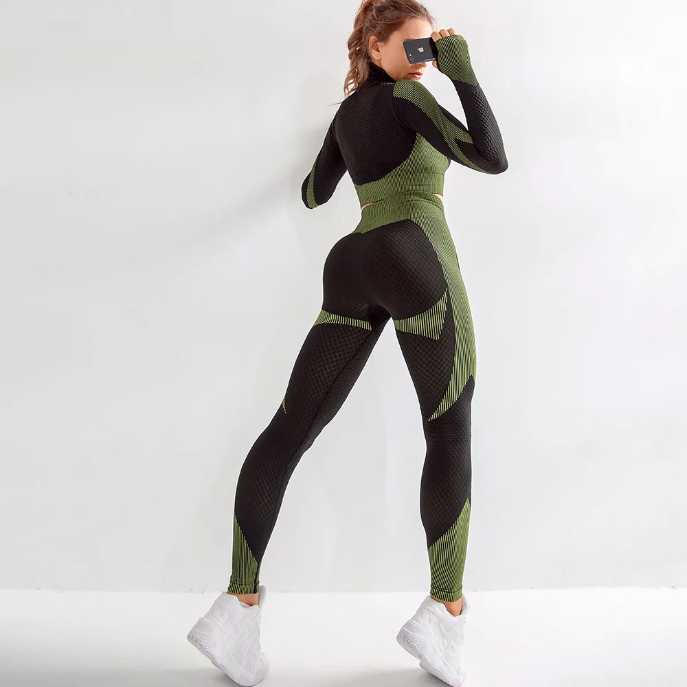 Dark green suit 2 шт., Женский бесшовный комплект для йоги, фитнес-спортивные костюмы, одежда для спортзала и тренировок, укороченный топ с длинным рукавом, высокая талия, энергетические бесшовные леггинсы - Цвет: Dark green suit