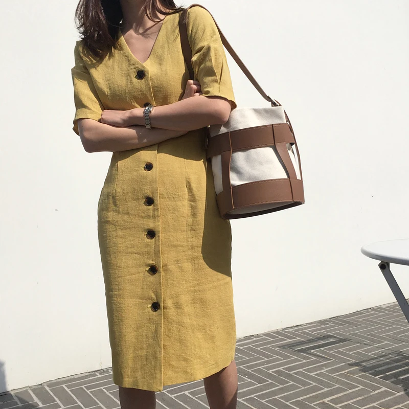 Casual V-neck Front Button Women Dress Short-sleeve Slim Waist Female Midi Dresses 2019 Elegant Yellow Vestidos femme | Женская одежда