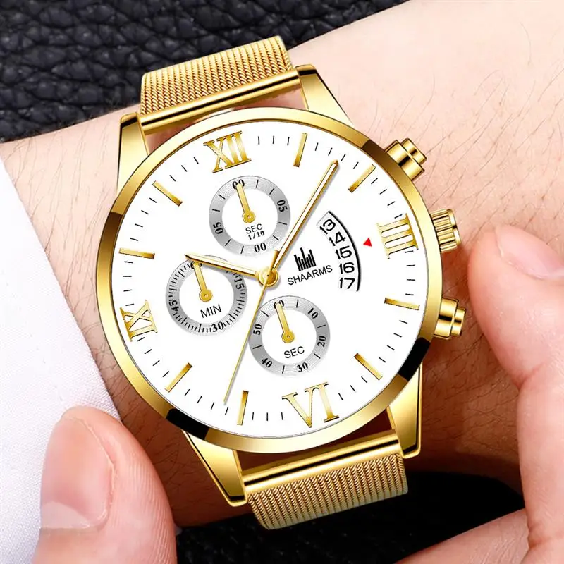 Роскошные золотые деловые часы из нержавеющей стали с сетчатым ремешком