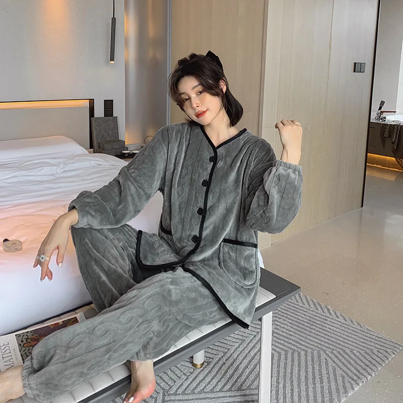 Pajamas for Women Winter Coral Velvet Warm Cardigan Velvet Thickening Plus Velvet Home Service Suit Pajamas Set Homewear пижама