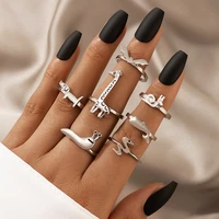 7 pcs silver animal ring for women cartoon giraffe dog snails ring vintage personality ladies finger rings jewelry accessories