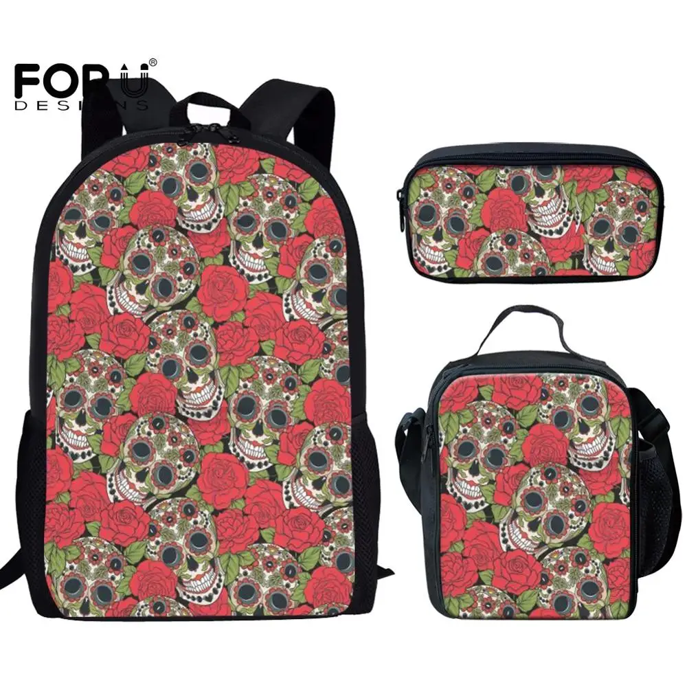 

FORUDESIGNS School Backpack Sugar Skull Girly Skeleton Printing Backpacks Gothic Skull&Rose Pattern Fashion Bookbag For Teenega