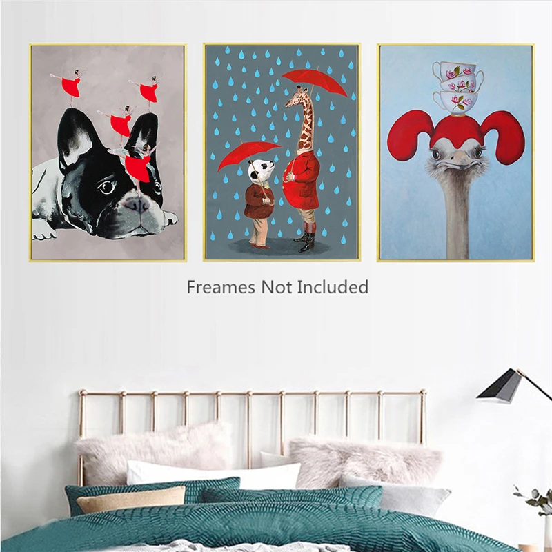 Рисунок бульдог панда Жираф Страус и миска уникальный восхитительный Декор