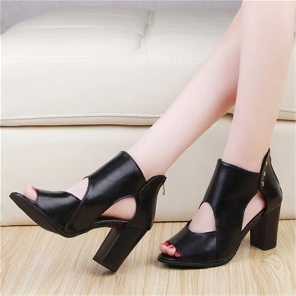 

Women Sandals Square Heel 2021 Summer Back Zip Shoes Female Fashion Cut-Out Open Toe Non Slip Mothers Hollow Sandals Mujer 34-42