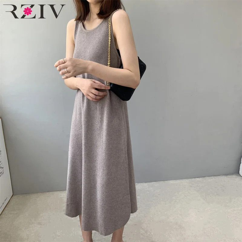 

RZIV Autumn and winter women's dress casual solid color round neck sleeveless knit dress Vestidos