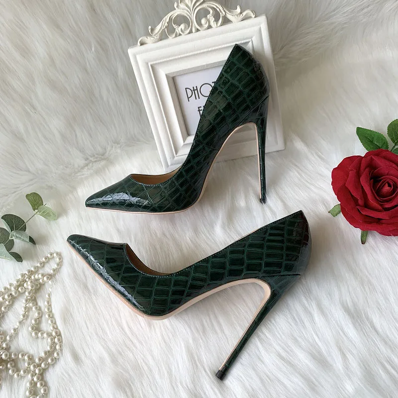 Женские туфли с острым носком темно-зеленые туфли-лодочки на высоком каблуке 12 см