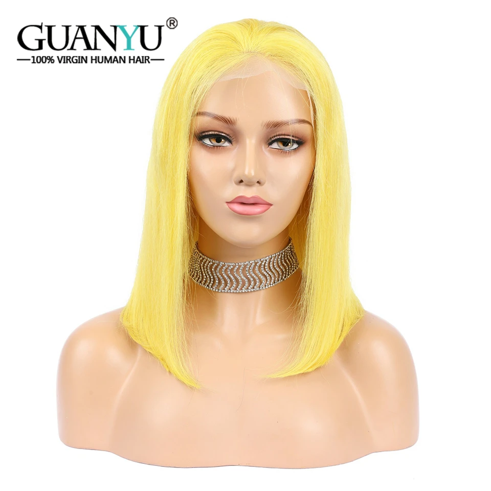 Guanyuhair, короткие светлые парики на кружеве, человеческие волосы, 13X4, предварительно выщипанные бразильские волосы remy, парик с детскими волосами желтого цвета