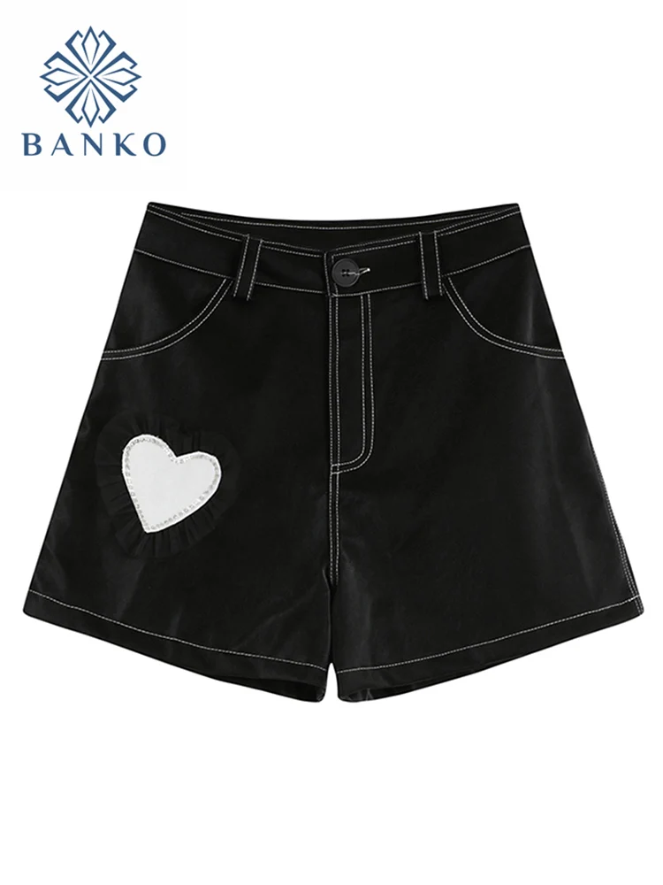 

Women's Wide Leg A-line Shorts PU Heart Patchwork High Waisted Y2K Gothic Female Casual Korean Style Elegant Shorts Spring New