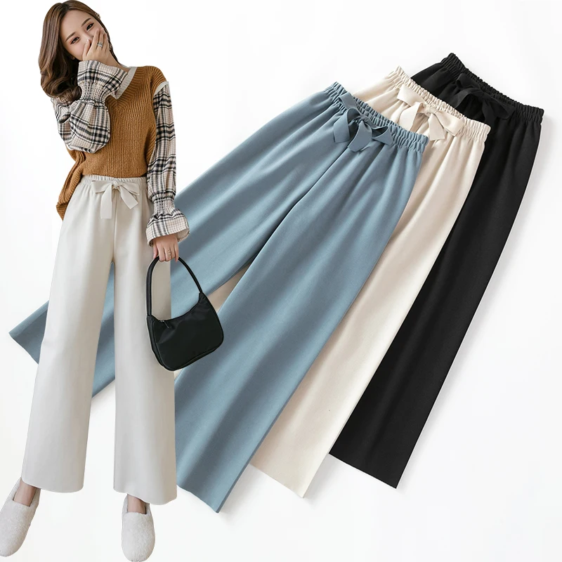 Женские шерстяные широкие брюки REALEFT повседневные свободные длинные с бантом в