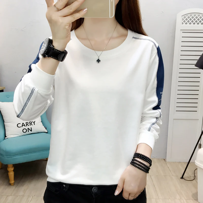 

Camisetas De Mujer Long Sleeve Tees Women Cotton Tee Shirt Casual Patchwork Loose T-Shirts Female Autumn Korean Fashion Lady Top