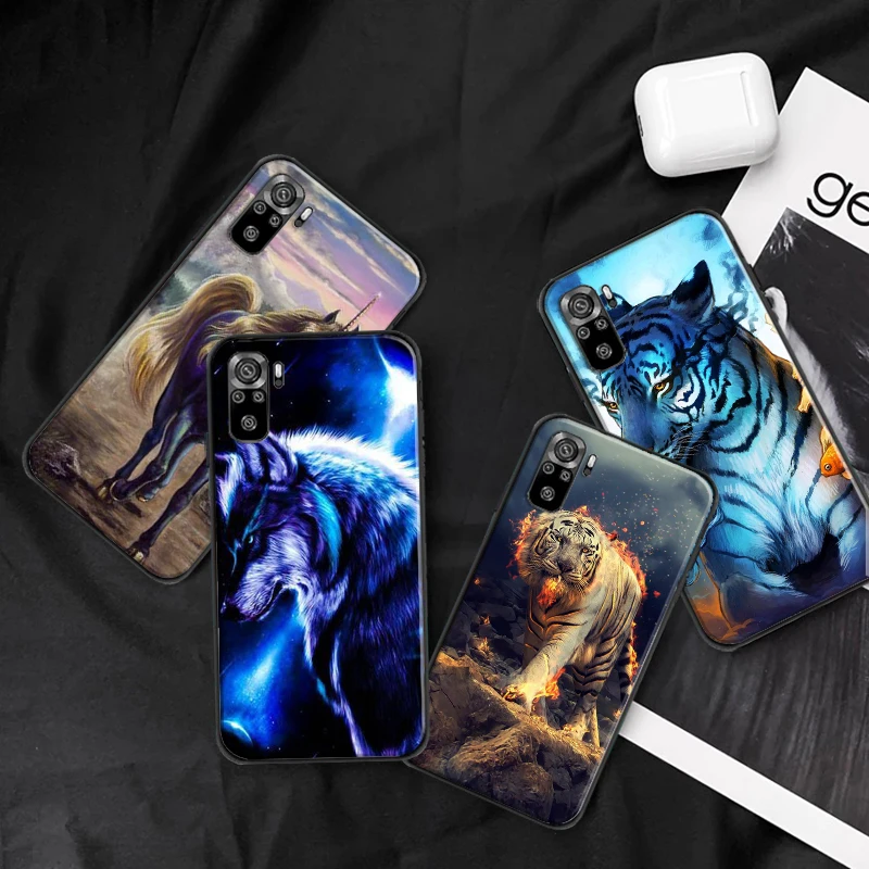 

Phone Case For Xiaomi Redmi 9 9i 9AT 9T 9A 9C 10X 4G 5G Note 10 10T 5G Luxury Black Shell Cover Wolf Lion Cool Animal funda