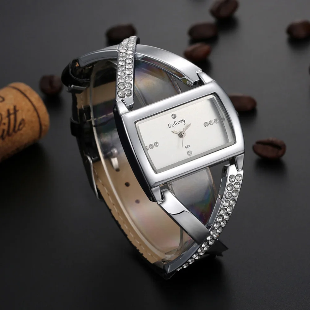 

PU Leather Band Classical Cross Bracelet Women Wristwatch Casual Quartz Analog Stainless Steel Case Crystal Rhinestone Hollowed