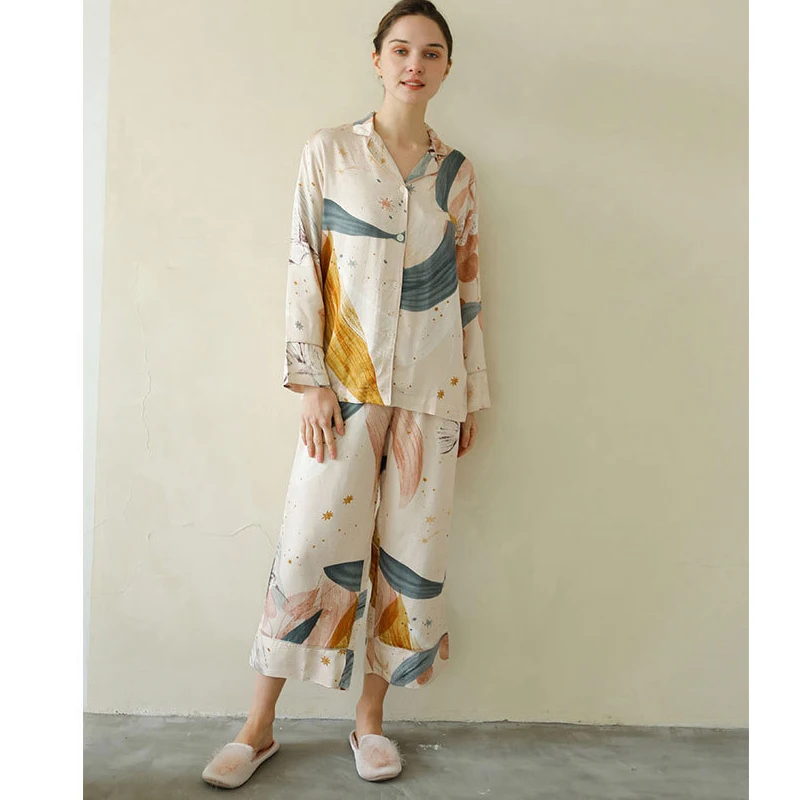 Летний женский пижамный комплект Хлопковая пижама с принтом и длинными рукавами