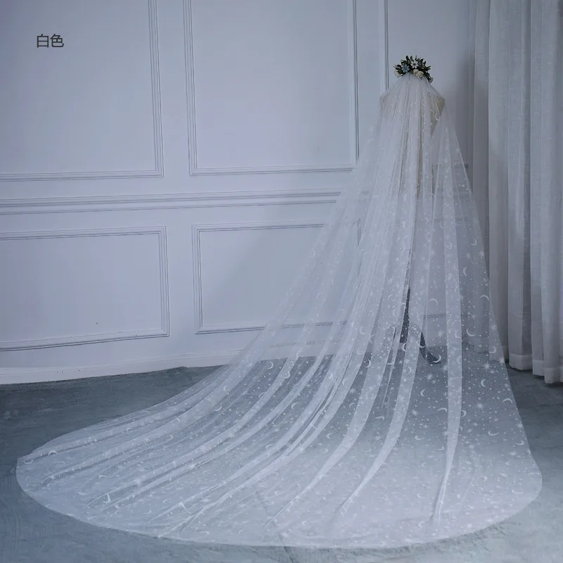 

Элегантные свадебные аксессуары 3,5 метров, свадебная фата белая Фата невесты с расческой свадебная фата с принтом со звездами, Лидер продаж