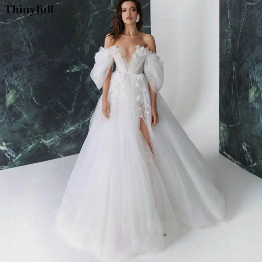 

Thinyfull White Off The Shoulder Wedding Dresses 3D Flowers A Line Bride Dress For Wedding Sexy V-Neck Bridal Party Gowns 2022