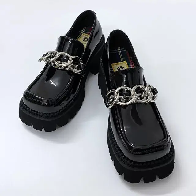 

First Layer Cowhide Platform Height-Increasing Loafers Female Slip-on Square Head Chunky Heel Pumps Japanese Leather Shoes women