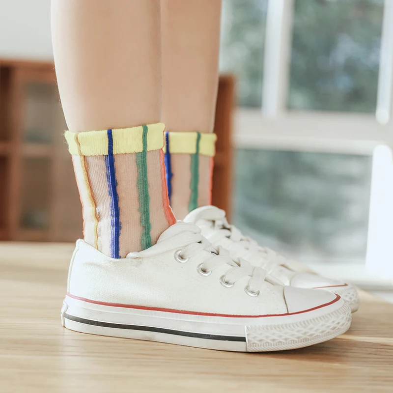

Fashion Girls Crystal Socks striped colorful For Summer Kids thin transparent socks Baby girl Breathable 1-7y