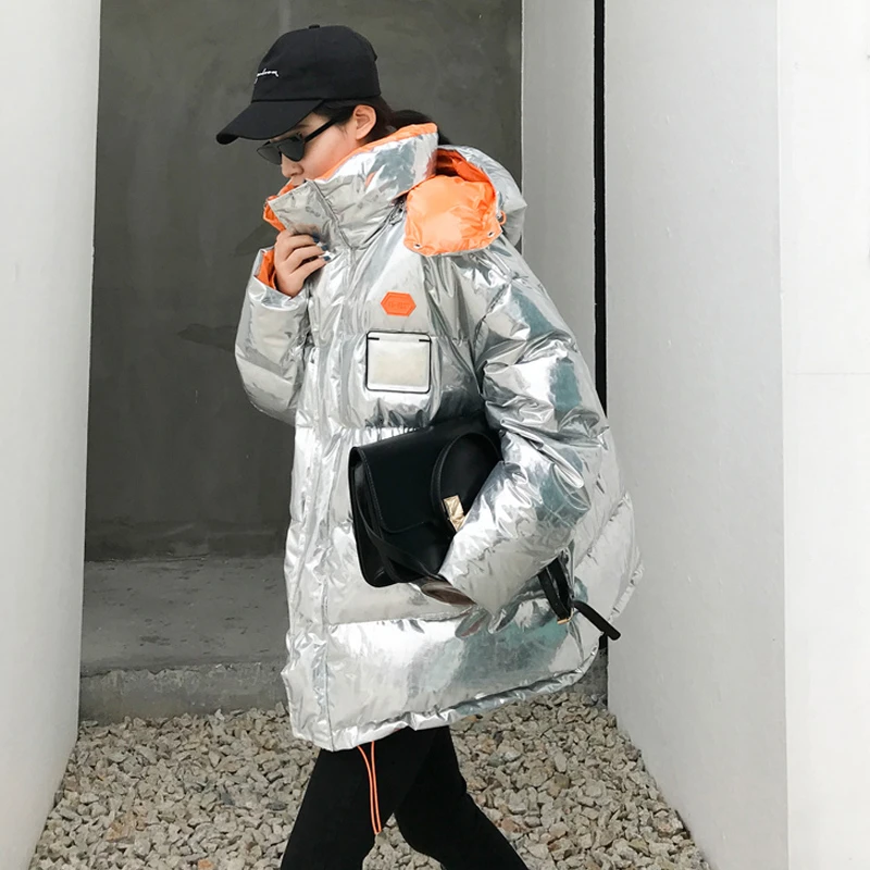 Женская куртка парка блестящая серебристая с капюшоном M191 2020|Женские парки| |