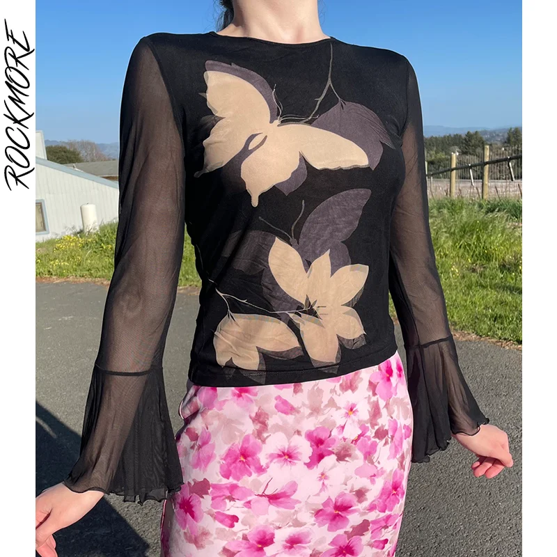 

Rockmore Vintage Print Mesh Flare Sleeve T-Shirt Autumn Goth Dark Academic Top Women Graphic Tees Shirt Grunge Fairycore