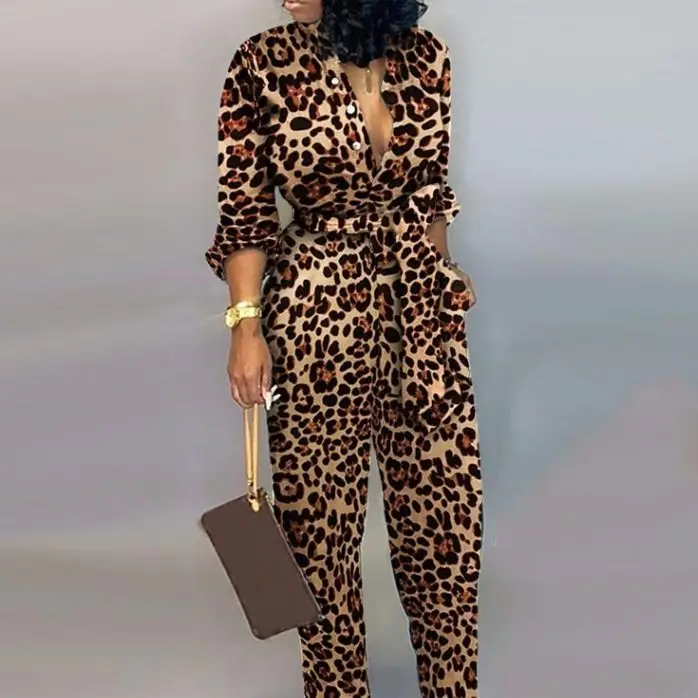 

2021 leopard print Jumpsuit loose casual women's pants spring BF wide leg long sleeve overalls 1