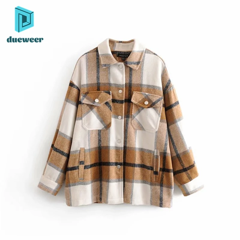 

DUEWEER Pink Plaid Woolen Blouse Stylish Sweet Cute Girls Fashion Autumn Chic Pockets Thick Warm Turn-Down Collar Shirts