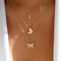 fashion personality ladies necklace simple rhinestone butterfly moon pendant alloy multilayer necklace 2021 trend party new gift