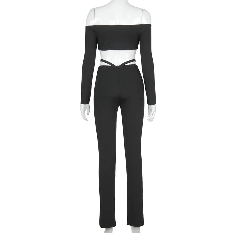 

Women 2 Pcs Sexy Clothes Sets, Off Shoulder Long Sleeve Crop Top Long Wide Leg Pant Street Style Hipster Outfits