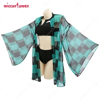 haikyuu kamado tanjirou cosplay two piece anime swimsuit v neck high waist lace up bathing suit swimwear kimono cover up