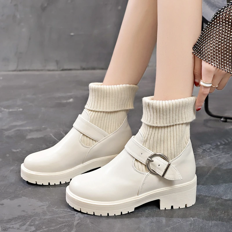 

New Warm Knitted Plush Shoes Women Party Elegant Non-Slip Heels For Women Winter Fashion 3cm Round Head Sapatos De Mujer 2022