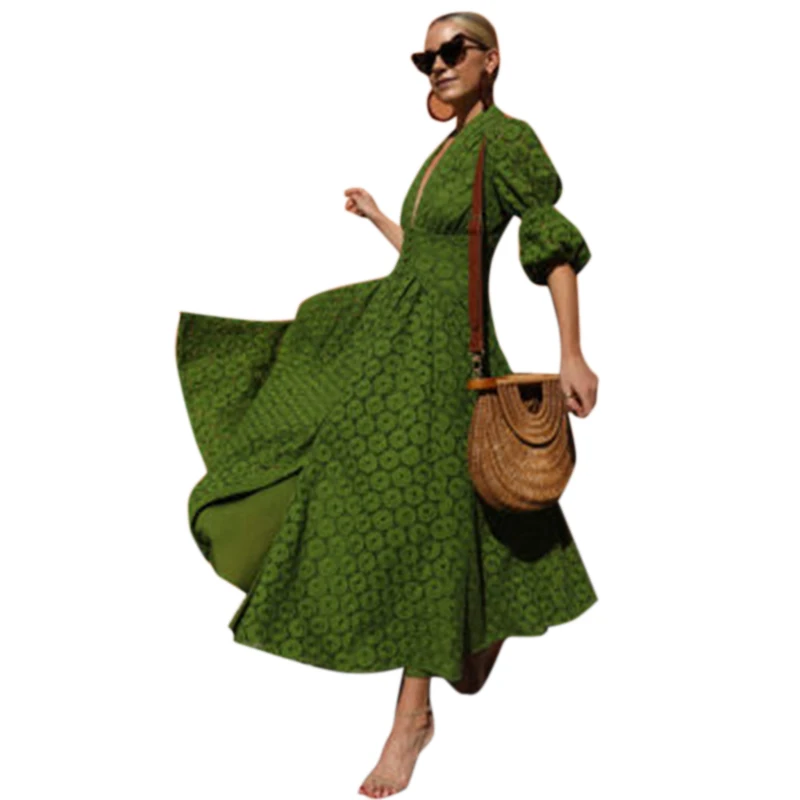 

Women Lace Sexy Deep V Bubble Sleeve Large Hem Dress Vintage Swing Waist Design Bridesmaid Dress Lined up Dinner Party Dresses