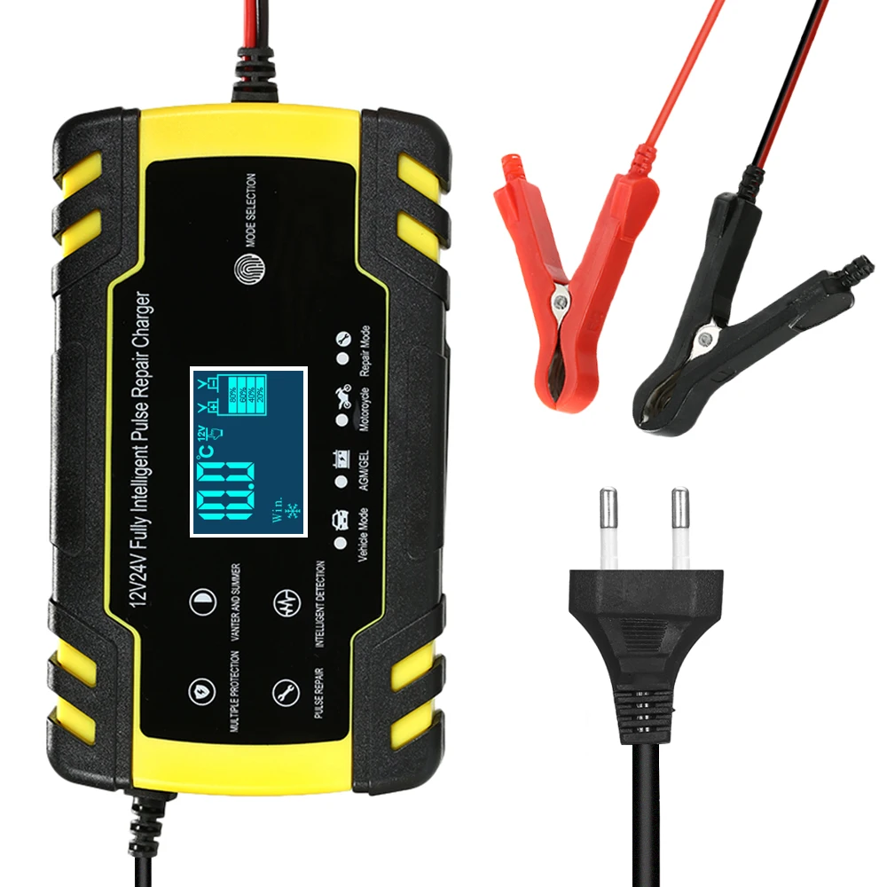 

Car Battery Charger 12/24V 8A Touch Screen Pulse Repair LCD Fast Power Charging Wet Dry Lead Acid Digital LCD Display