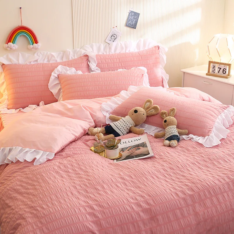 

Милый розовый комплект постельного белья принцессы с пододеяльником, простыней и наволочкой, модное однотонное одеяло в скандинавском стиле