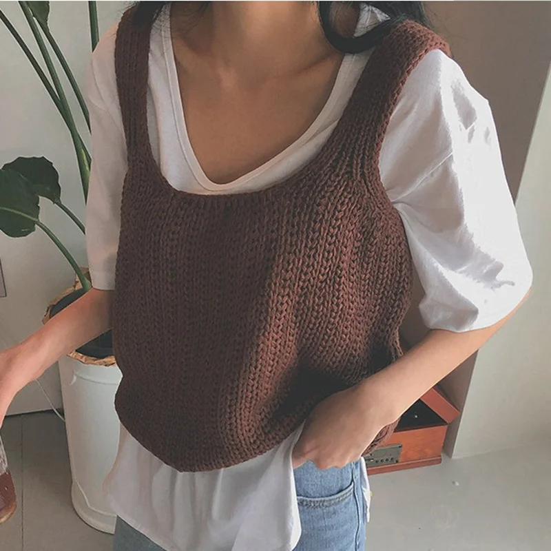Korean women's sleeveless knitting vest fashion loose large size sweater jacket | Женская одежда