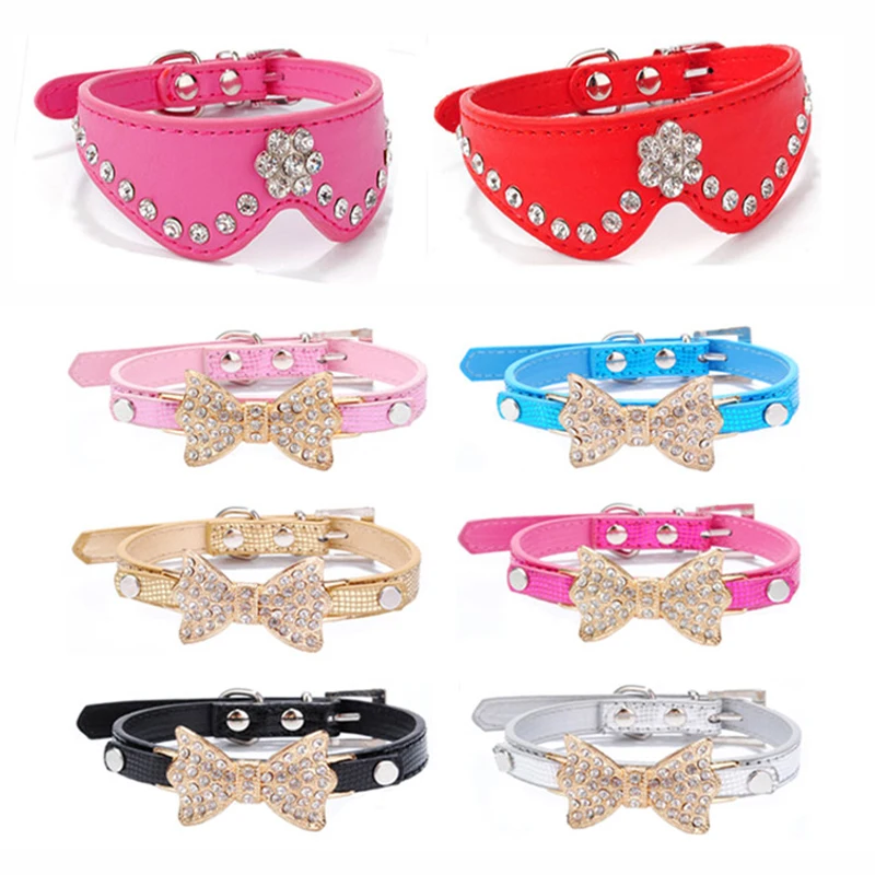 Бантом Собачьи Ошейники со стразами для маленьких собак из искусственной кожи с