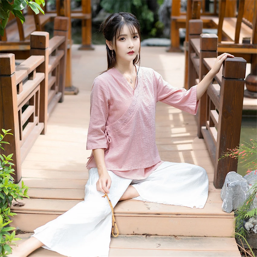 Летняя традиционная одежда в китайском стиле костюм Тан женский топ для йоги