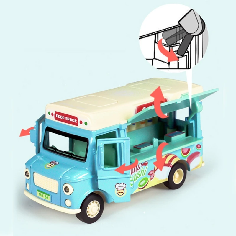 

1:36 Scale Kids Diecast Alloy Toy Pull Back Car Creative Dining Truck Vehicle Model with Sound Light Magnetic Food Items