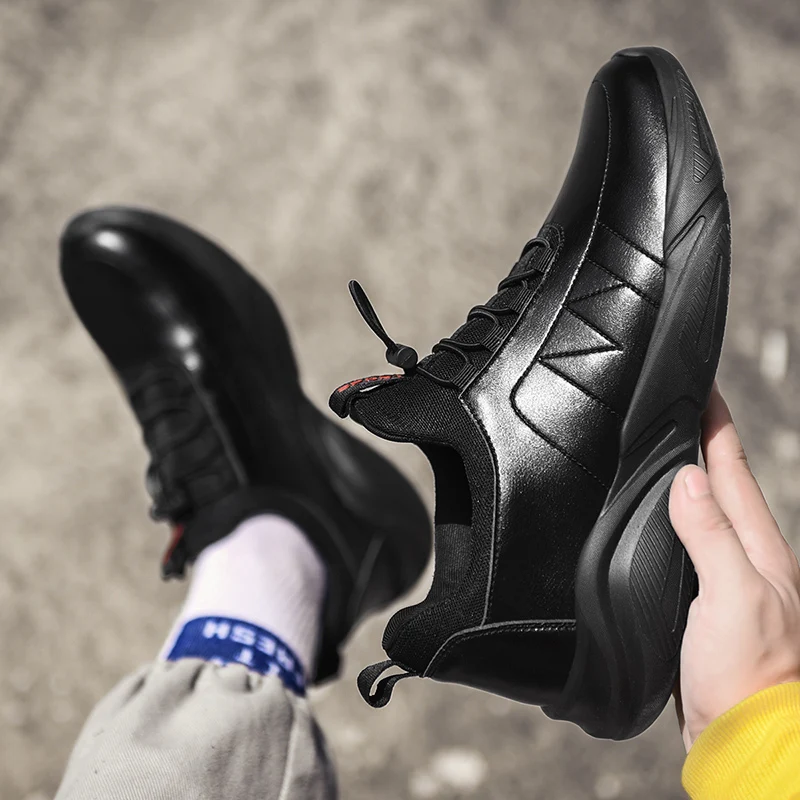 

2021 Fashion Sneakers Mens Casual Shoes Spring Breathable Black Men Leather Shoes Big Size Increasing Office Footwear