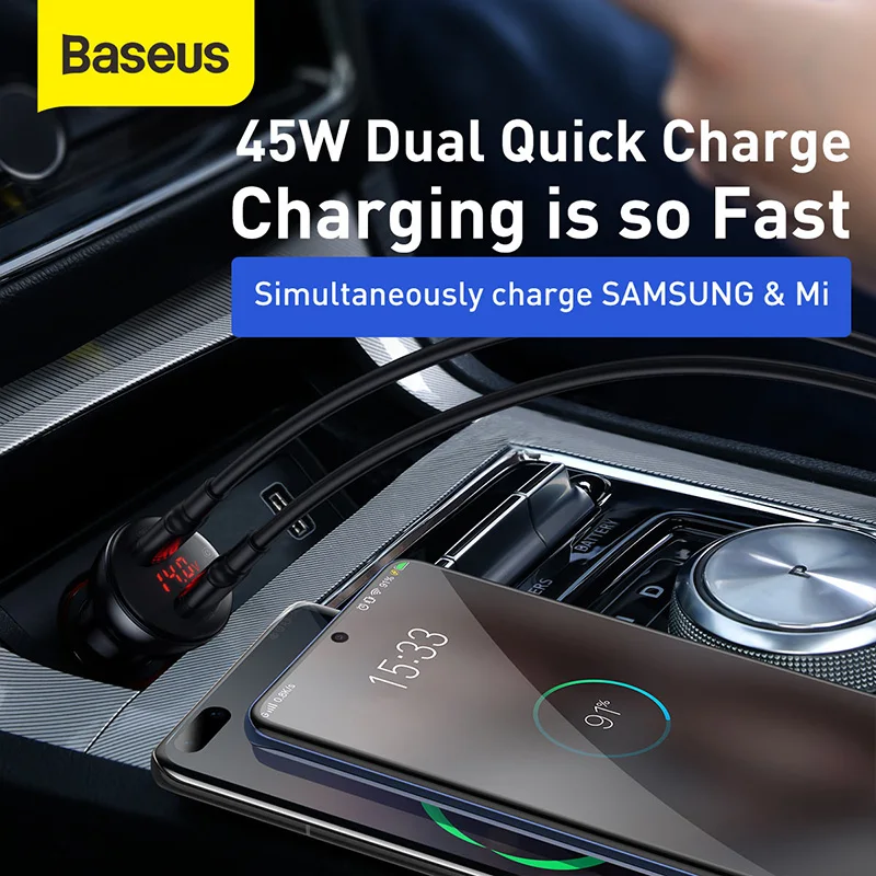 baseus 45w car charger dual usb qc3 0 quick charger for xiaomi huawei fast charging auto charger accessories car phone charger free global shipping