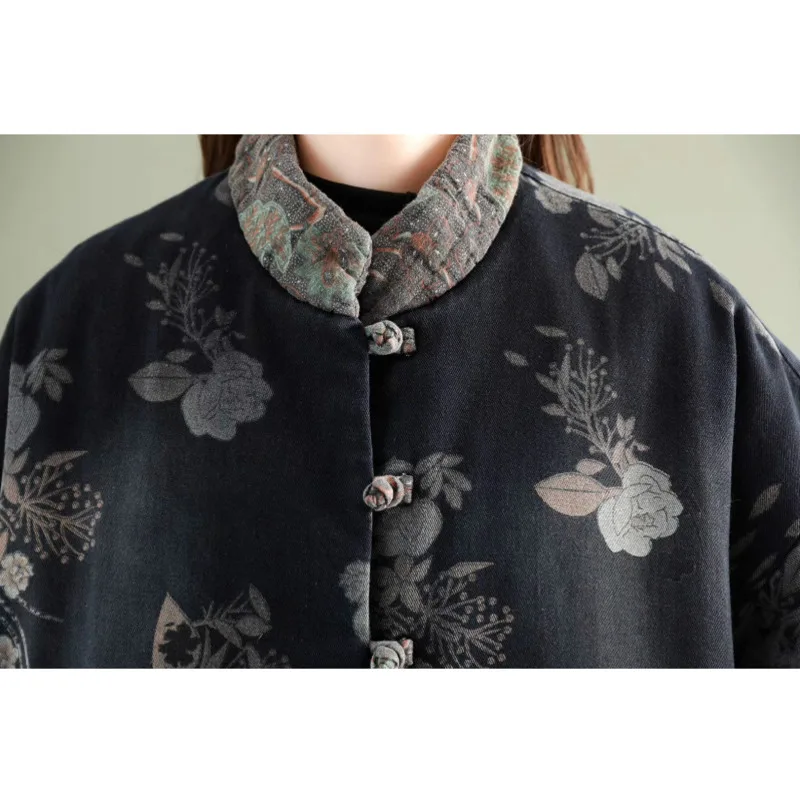 

2021 Chinese Designer Ladies Vintage Coats Womens Casual Padded Printed Winter Jacket Female Warm Denim Clothes Mulheres Casacos