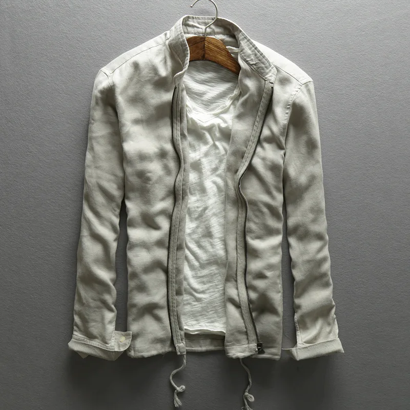 Льняная мужская Осенняя Тонкая Повседневная Верхняя одежда с воротником-стойкой