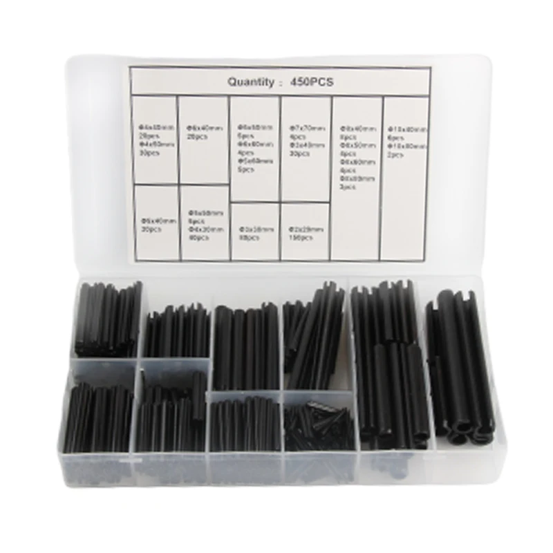 450 шт. многоразмерные черные стальные сплит Пружинные рулонные штифты в