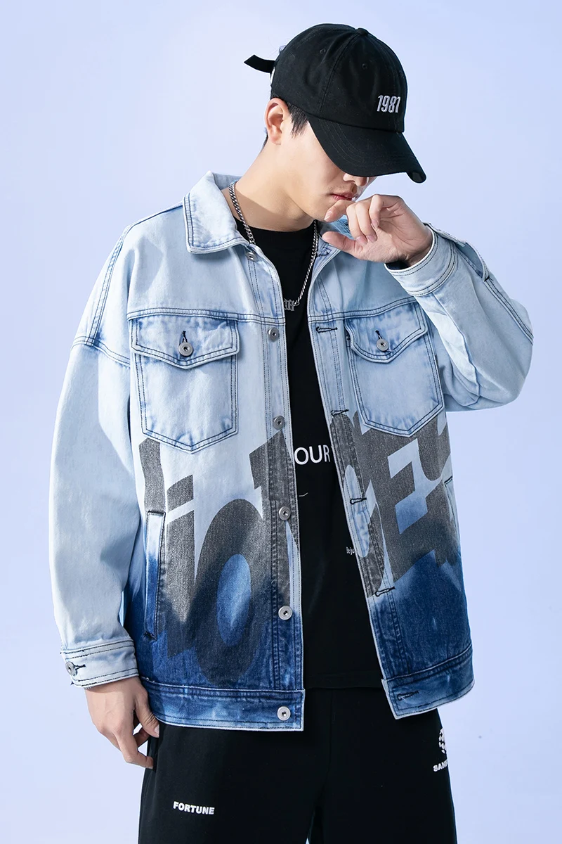 

2021 Men's Jeans Jacket Jacket Casual Men's Tooling Jacket Hip-Hop Streetwear Men's Jacket Sky Blue Cotton Personality Fashion