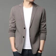 Veste Cardigan en tricot pour homme, nouveau Style décontracté, coupe cintrée, costume classique à rayures, manteau de Blazer coréen, de marque à la mode, 2021  (1)