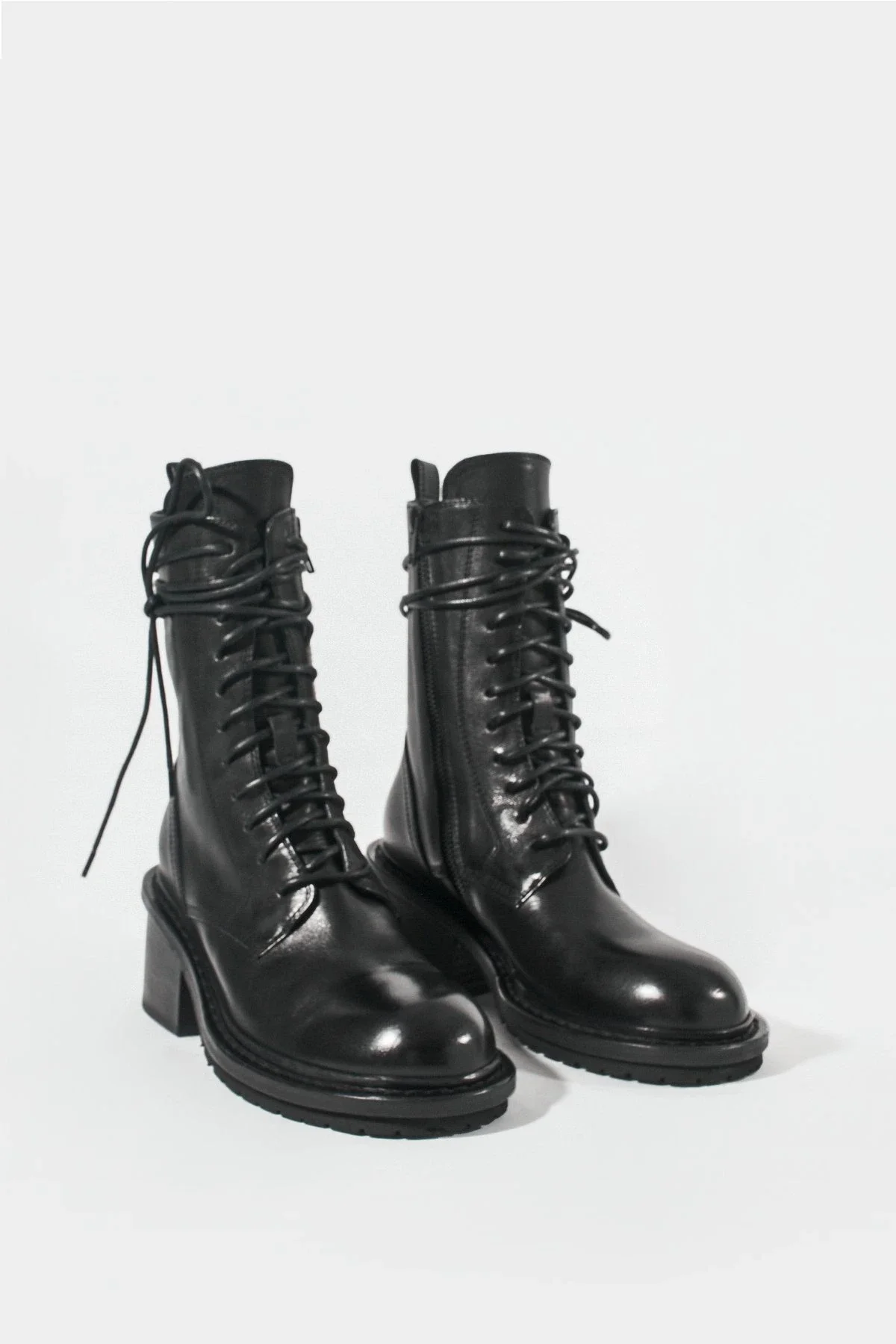 

Black Genuine Leather Combat Boots Women Laces Round Toe Side Zip Closure 7cm Heel Shoes Italy Fashion