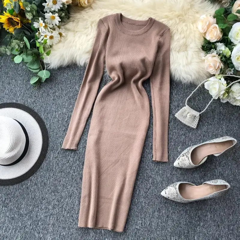 2019 женское осеннее зимнее Повседневное платье свитер облегающее однотонное