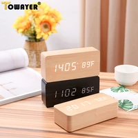 alarm clock led digital wooden usbaaa powered table watch with temperature humidity voice control snooze electronic desk clocks