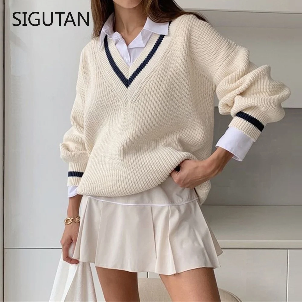 

Женский Белый Повседневный свитер с V-образным вырезом, джемперы в стиле преппи с длинным рукавом в Корейском стиле, Женский пуловер в стиле ...